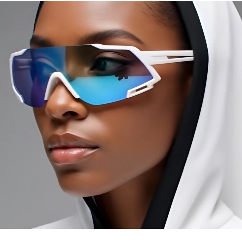 Men Sporty Wrap Sunglasses White Frame‎ Blue Mirror Lens Women's UV Protection